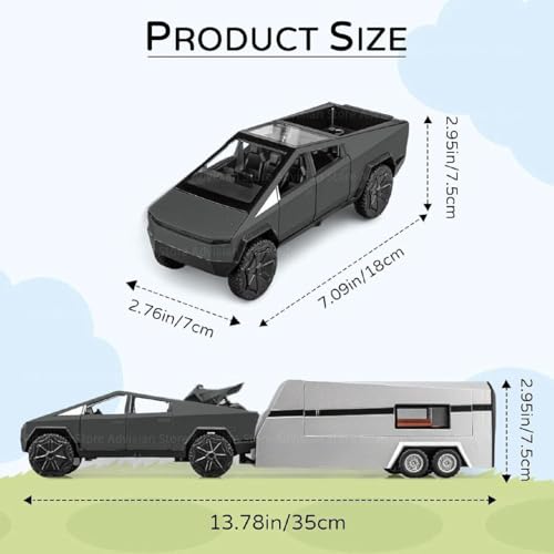 Image of 1:32 Scale Die-Cast Tesla CyberTruck with Pick-Up Trailer with 6 Openable Doors Pull Back Toy Car with Lights & Music Toy Car Gift for Kids (1:32 Cybertruck - Black)