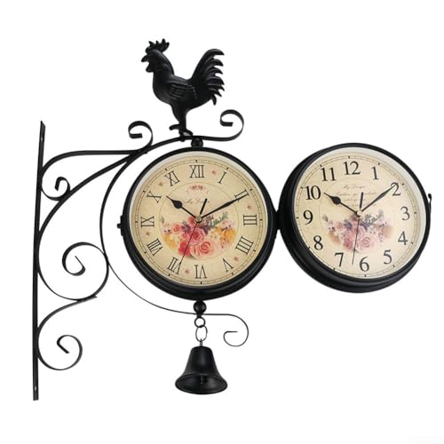 Feegow Horloge murale double face | Horloge murale double face à cadran rétro | Horloge de jardin extérieure Horloge de gare | Horloge murale silencieuse...