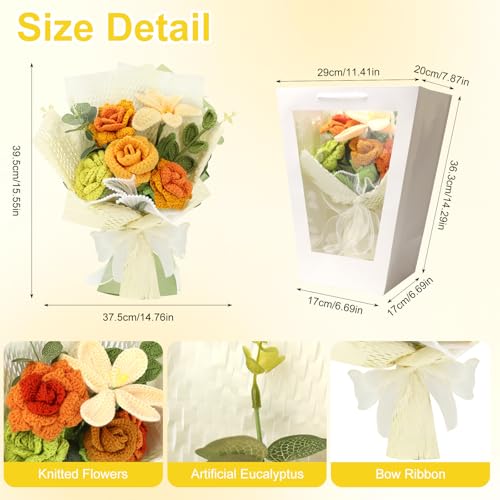 Crochet Flower Bouquet, Handmade Knitted Yellow Roses and Lilies, Artificial Yarn Flowers with Wrap for Birthday, Graduation, Friendship Gift, Get Well Soon, Home Table Decor image 4