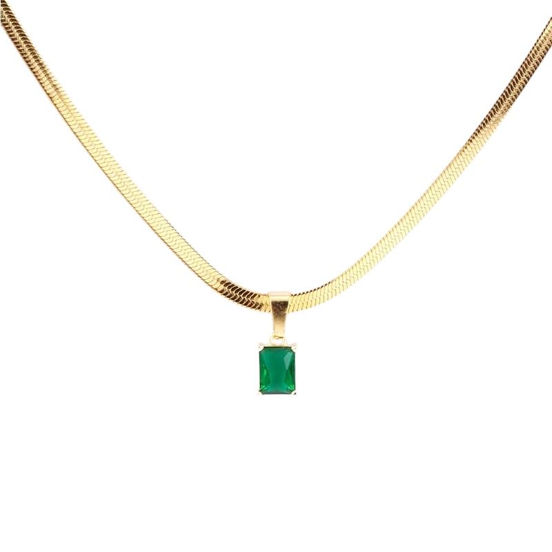 Bijoux accessoires de mode : collier plat serpent os acier et pendentif lame carré émeraude