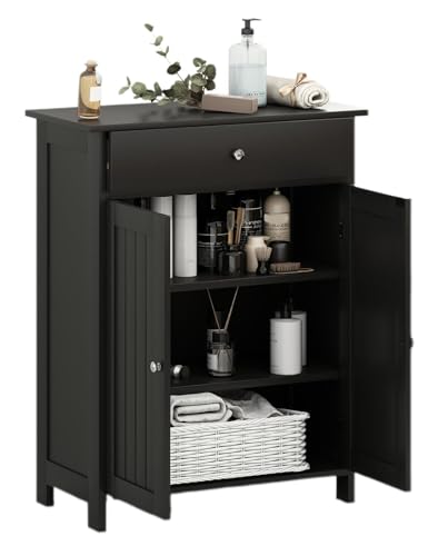 LIFEZEAL Badezimmerschrank, Badschrank mit Schublade und 2 Türen, Badkommode mit höhenverstellbaren Einlegeböden, Freistehender Aufbewahrungsschrank (Schwarz)