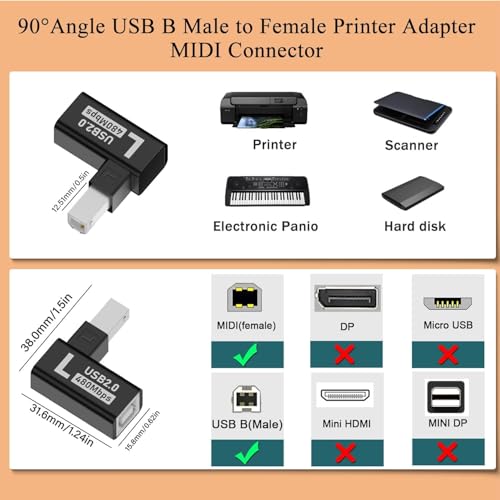 Image of ETZIN 90Angle USB B Male to B Female Adapter Extender USB2.0 Type B Left Angle Printer Connector MIDI Plug, Aluminium Hull, for Printer Scanner Electric Piano Mixer, (Left Bend) EPL-1580CC