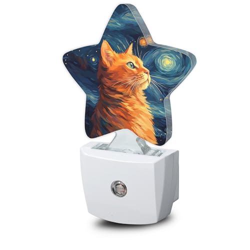 Image of Starry Sky Cat Night Lights Plug in Wall Lamp Smart Dusk to Dawn Sensor for Home Decorative,Kids Room Bedroom Bathroom Kitchen Hallway Gifts