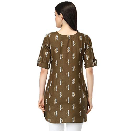 Image of OM SAI LATEST CREATION Slub Rayon Fully Stitched Anarkali Foil Print Kurti for Women & Girls on Jeans Palazzo or Skirt (Plus Size Upto 2XL) (Black)