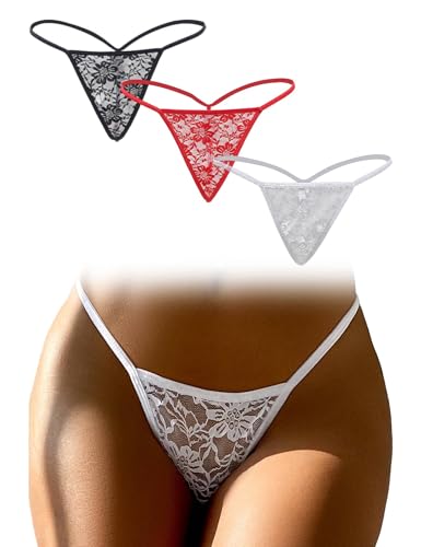 comeondear Tangas Sexy para Mujer 3 Pack Mini String de Encaje Tanga Hilo Bragas Brasileñas T-Back Thong Ropa Interior Talla Grande Lenceria Sexy Mujer Womens Underwear Negro+Blanco+Rojo,S