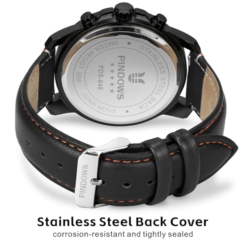 PINDOWS Watches for Men, Men's Analog Quartz Chronograph Watches Waterproof Business Casual Dress Watch with Black Brown Leather Strap