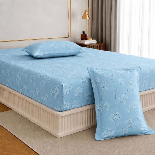 Image of Jaipur Weaves King Size Fitted Bedsheet with Elastic, 100% Pure Cotton King Size Fitted Bedsheet for Double Bed with 2 Pillow Covers, 240 TC, 72x78 Inches up to 8-inch Mattress, Floral Design (Blue)