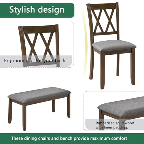Image of LUMISOL 6-Piece Solid Wood Dining Table Set, Wood Kitchen Table with 4 Chairs and Bench, Farmhouse Dining Table with Bench and Chairs Set for Kitchen, Living Room, Walnut