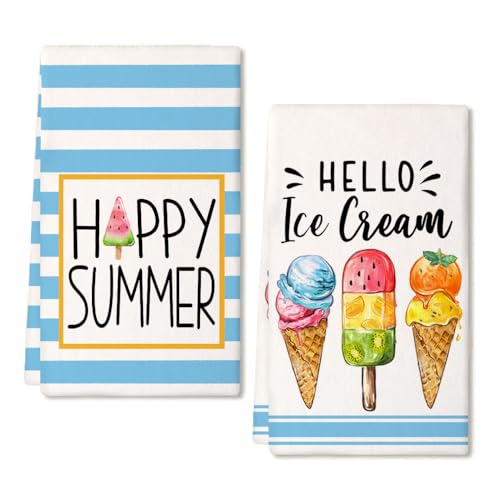ARKENY Blue Happy Summer Kitchen Towels Dish Towels Set of 2,Ice Cream Cone Hand Towels 18x26 Inch Drying Dishcloth,Farmhouse Home Seasonal Holiday Summer Decorations AD301