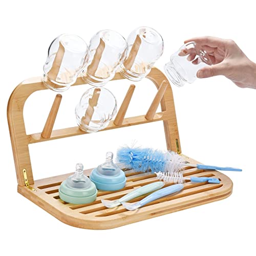 Image of POSTEK Bamboo Baby Bottle Drying Rack Space Saving Travel Baby Bottle Holder Portable Countertop Bottle Dryer Rack Organizer for Baby Bottles Accessories