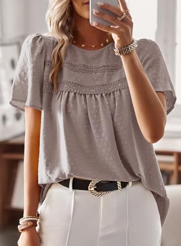 Image of Falechay Womens Summer Tops Crewneck Short Sleeve Shirts Casual Chiffon Blouses Flowy Lace Hem Boho Clothing Trendy 2026
