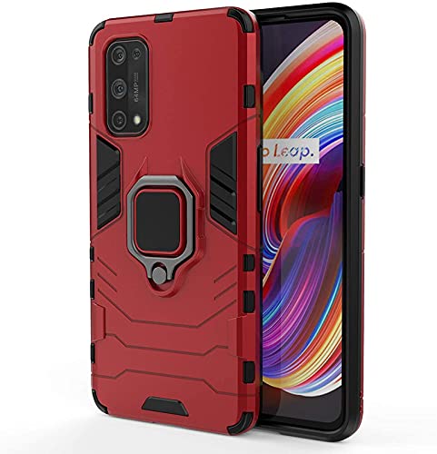 FitSmart Protective Rugged Hybrid Robot Armor Hard Back Cover with Ring Kickstand Case for Realme X7 Pro 5G / RMX2121 - Red