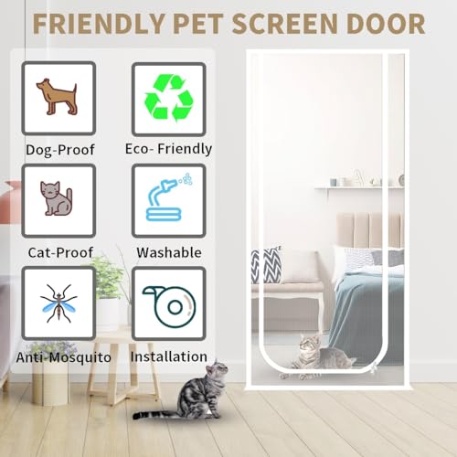 Porta de tela de gato 35,5 x 82,5 pol. Malha reforçada resistente a gatos Creen porta com zíper port