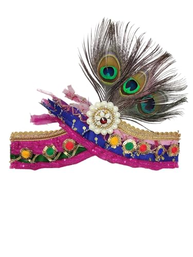 Image of BookMyCostume Traditional Krishna Pagdi for Kids & Adults - Handmade Crown with Peacock Feather & Embellishments | Krishna Mukut for Baby Boy | Adjustable Velcro | Janmashtami Fancy Dress Accessory