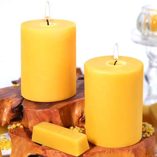 UGBEM 2 Packs 3" x 4" Natural Beeswax Pillar Candles,120