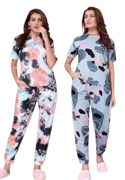 musi fab Women's Printed Night Suit Set, Short Sleeve Top with Pyjama, Tie-Dye and Abstract Print, Pack of 2-picture-51