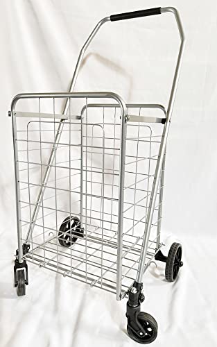 Primetrendz Upgraded 2023 Version Grocery Laundry Utility Shopping Cart | Heavy Duty, Light Weight Trolley With Rolling Swivel Wheels | Portable And Easily Collapsible To Save Space | Color: Silver #TOP24