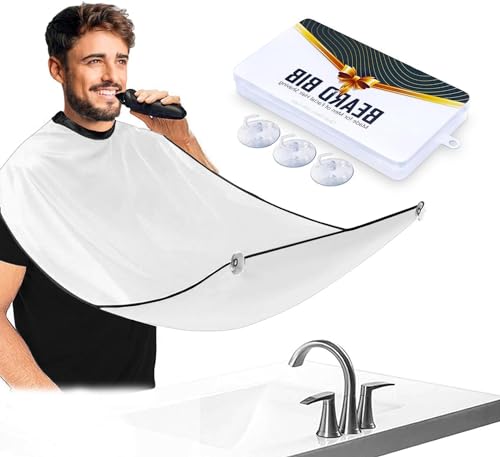 Leaflai White Beard Bib Beard Catcher Hair Clippings Catcher & Grooming Cape Apron Non-Stick & Grooming Cloth with 3 Suction Cups Best Gifts for Men Valentines Gifts Christmas Gifts