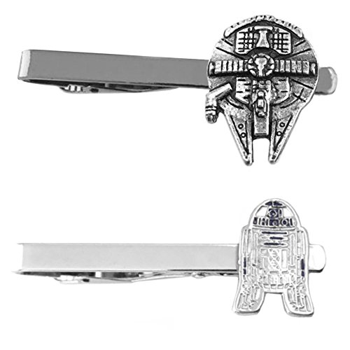 Outlander Star Wars - Millenium Falcon & R2-D2 Flat - Tiebar Tie Clasp Set of 2 Wedding Superhero Logo w/Gift Box