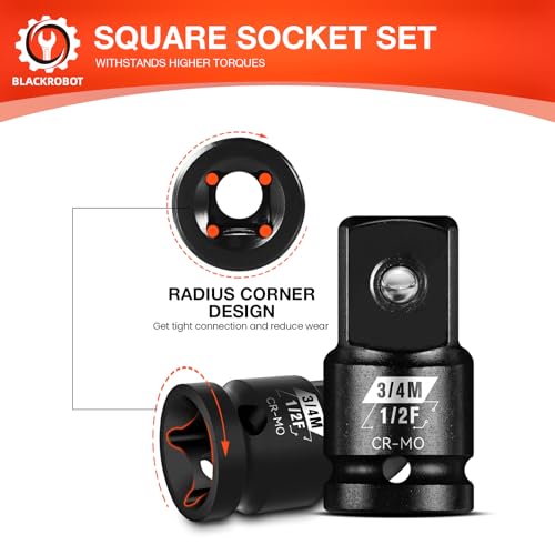 Image of BLACKROBOT 1 /2 inchF To 3 /4 inchM Impact Socket Adapter, Cr-Mo Steel Exceeds ANSI Standards, Square Drive Reducer for Impact Driver Wrench