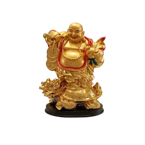Image of Feng Shui Gold Laughing Buddha Statue on Dragon Turtle for Wealth & Prosperity - 22cm Large Hotei Buddha Figurine with Wu Lou & Money Coins - Home Decor, Office Vastu, Good Luck Gifting