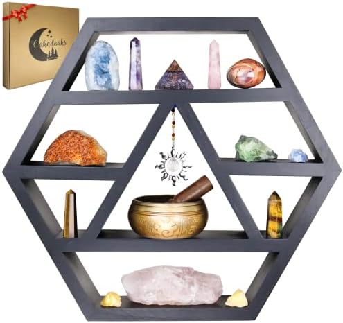 Hexagon Crystal Shelf Display - Large 21" Black Geometric Altar Shelf for Crystals - Table or Hanging Wood Hexagon Floating Shelves -Boho Crystal Display Shelf & Essential Oils - Spiritual Decor Gifts