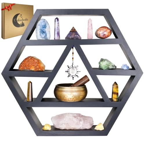 Hexagon Crystal Shelf Display - Large 21" Black Geometric Altar Shelf For Crystals - Table Or Hanging Wood Hexagon Floating Shelves -Boho Crystal Display Shelf & Essential Oils - Spiritual Decor Gifts #TOP22
