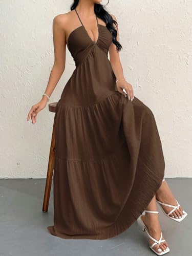 Image of Narecte Women's Maxi Summer Dresses Halter V Neck Beach Dresses for Women A-Line Casual Dress for Vacation