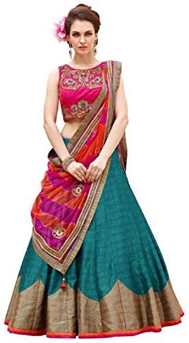 Hari Enterprise Women's Banglory Silk Semi-Stitched Lehenga Choli (Roza Firozi, Multicolor, Free Size)