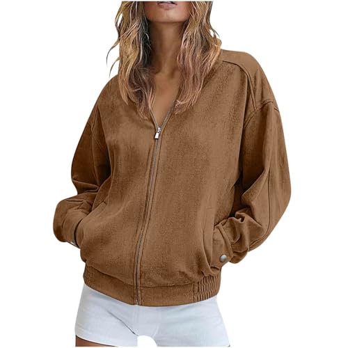 Bomber Jacket Women Trendy Casual Zip Up Faux Suede Jackets Lightweight Long Sleeve Outwear Coat Fall Work Clothes4