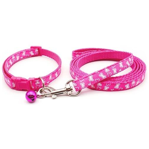 Small Dog Puppy Pet Collar and Lead Set White Bone Design Nylon Adjustable Size 19-32cm Collar with Bell and 120cm Leash Pink - Image 2