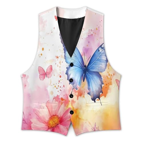 Watercolor Butterfly Daisy Flowers Mens Suit Vests V-Neck Casual Vest Dress Formal Tuxedo Wedding Waistcoat4