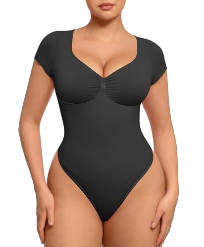 FeelinGirl Short Sleeve Bodysuit for Women V Neck Tummy Control Shapewear Seamless Thong Body Suits Tops