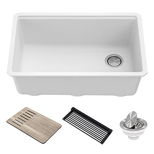 KRAUS Bellucci 30” in. Undermount Workstation Granite Kitchen Sink in White with Accessories, KGUW1-30WH by Kraus - Used condition - US$188.54