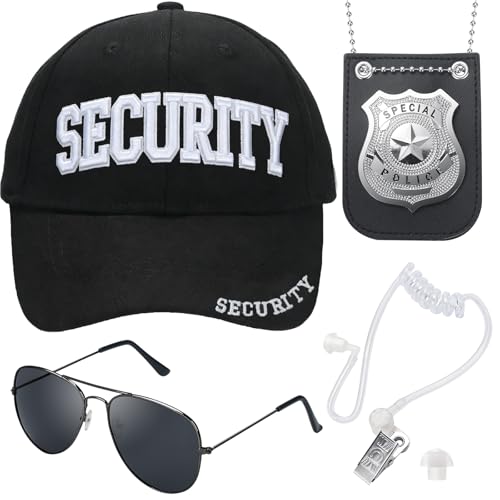 ERDOGLY Security Hats Security Guard Costume Accessories Include Agent Hat Baseball Cap with Police Officer Badge Secret Service Earpiece and Black Sunglasses 3D Embroidered Cop Hat for Men Women