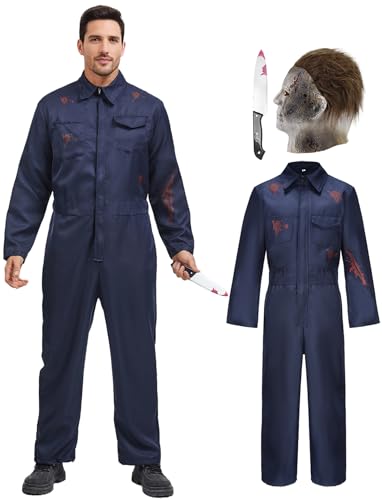 QUJQOM Disfraz de asesino para hombres adultos con máscara de sangre, cuchillo, disfraz de Halloween aterrador, overol de cosplay y accesorios de terror, Disfraz de asesino para hombre adulto, Small
