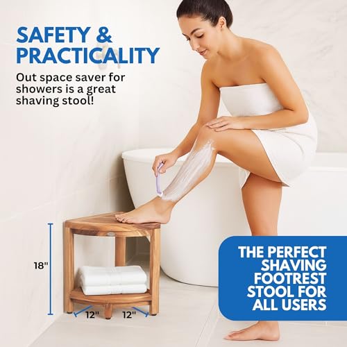 DecoTeak Teak Corner Shower Shelf – 2 Tier Waterproof Bathroom Storage Organizer Compact Wood Storage | Water-Resistant Design | Space Saver for Showers & Small Bathrooms | Shaving Foot Rest
