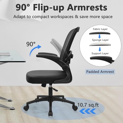 Image of KLASIKA Desk Chairs with Wheels, Ergonomic Mesh Back PU Leather Seat Home Office Adjustable Lumbar Support and Height Swivel Rolling Computer Task Chair with Flip Up Arms for Conference, Black, 2PK