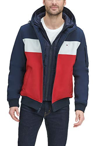 Image of Tommy Hilfiger Men's Soft Shell Fashion Bomber With Contrast Bib and Hood