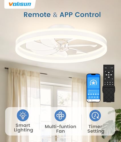 Image of VOLISUN Low Profile Ceiling Fans with Lights and Remote, 27.6in Flush Mount Ceiling Fans with Light, 3000K-6500K Dimmable Fandelier LED Fan Light, White Bladeless Ceiling Fans with Lights for Bedroom