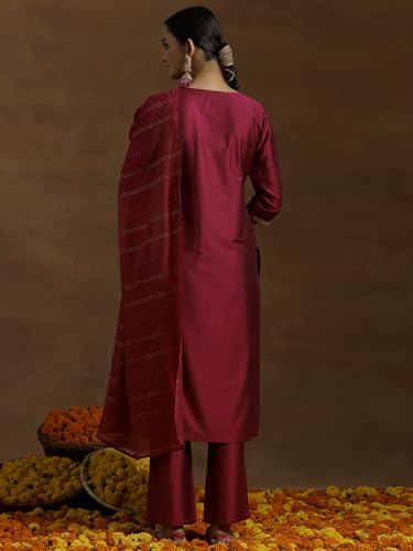 Image of Libas Gerua Womens Yoke Design Silk Blend Straight Kurta With Trousers and Dupatta | daily wear suit