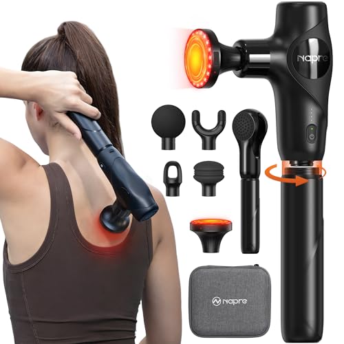Pistola de Masaje Muscular Calor y Luz roja,NAPRE Mini Pistola Masaje Massage Gun con Mango Desmontable,5 Cabezales,Silencioso,Pistola Masajeadora Muscular Cervical y Espalda–Regalo Para Hombre,Mujer