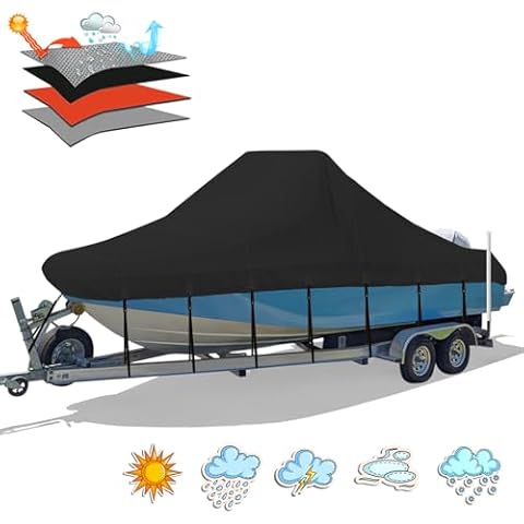 Solim Center Console Boat Cover, 20'-22' Waterproof 1300D PU Heavy Duty Marine Grade Boat Cover for Center Console Boat, Trailerable UV Resistant Oxford Polyester Canvas with 18 Tie Down Straps, Black Cover