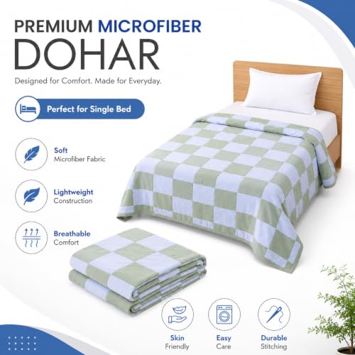 Image of Single Bed Dohar Sage Green Check | Lightweight Summer Quilt | Soft Microfiber AC Blanket | Breathable All Season Comforter | Skin Friendly Bed Cover