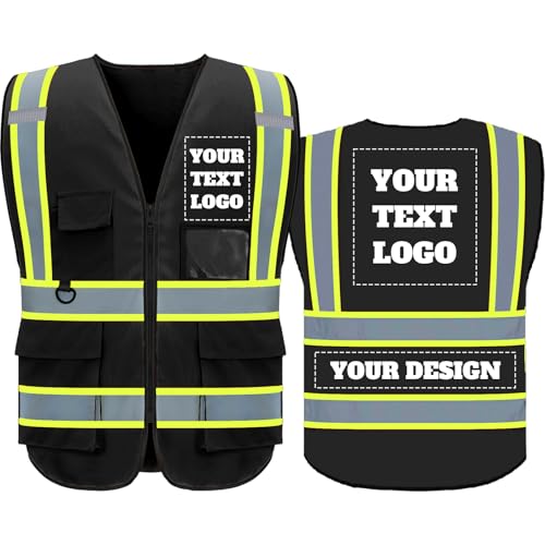 Custom Safety Ves black Safety Vest with Logo 5 Pockets High Visibility Vests Class 2 Personalized Hi Vis Reflective Security Construction Workwear (014Black, XL)