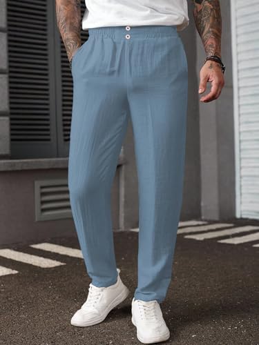 Image of TAGDO Men's Cotton Casual Premium Linen Blend Pants | Lightweight & Breathable Fabric | Elastic Waist with Button | Loose Fit | Perfect for Holidays & Travel (2055)