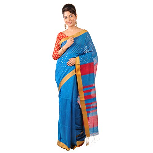 Ruprekha Fashion Women's Cotton Silk Blue Color Bengal Handloom Saree With Embedded Sequin Work
