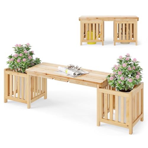 GOPLUS 2 en 1 Banc de Patio avec 2 Bacs à Fleurs, Banc de Jardin en Bois de Sapin pour 2 Personnes avec Jardinières, Conception de Fente pour Un Assemblage Facile(Naturel,173x40x48CM|Banc)