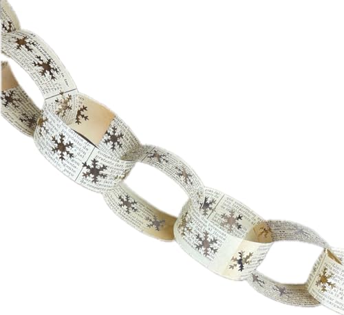 Vintage Book Page Snowflake Paper Chain Garland KIT, 42 pcs, Makes Approx 6 Foot Long Garland, Holiday Family Kids Craft, Flat Pack, Simple Assembly Required
