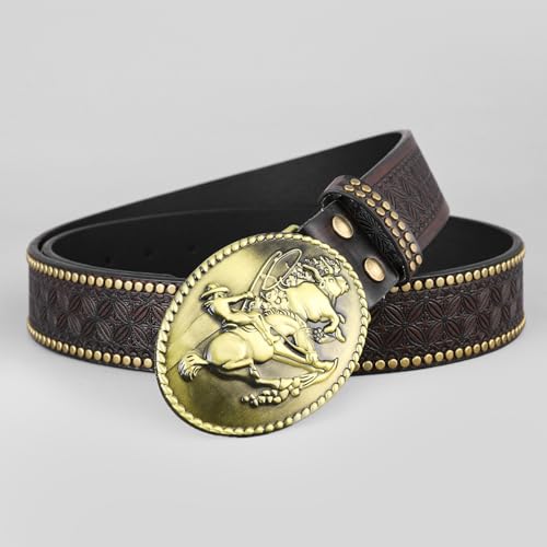Men's Vintage Western Embossed Studded Belt - 3D Bull Rodeo Gold Oval Buckle4